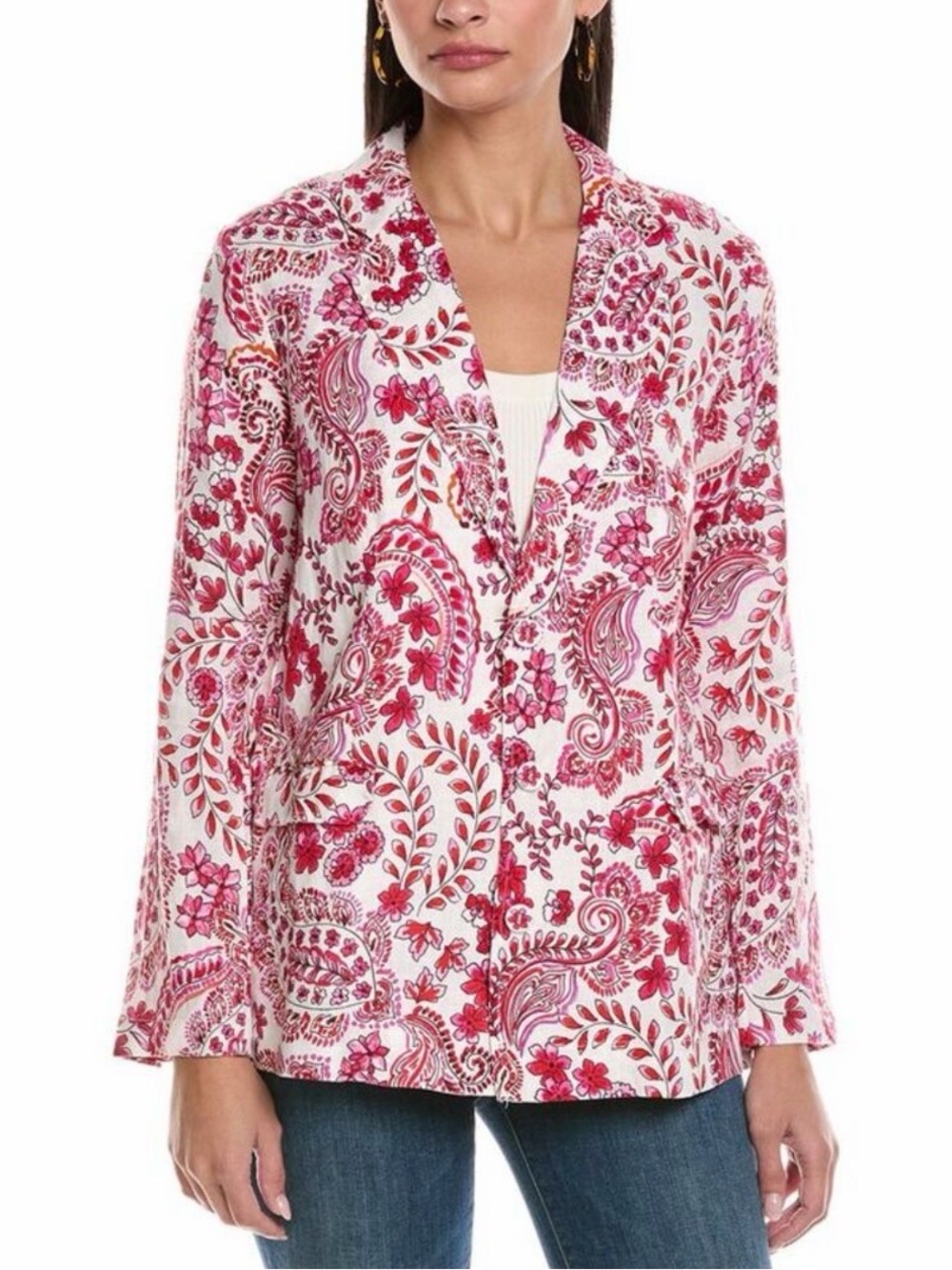 Johnny Was Lillet Linen Blazer Jacket Large Red Pink Paisley Floral Cotton